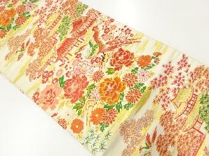 アンティーク　寺院に花鳥模様織出し名古屋帯（材料）